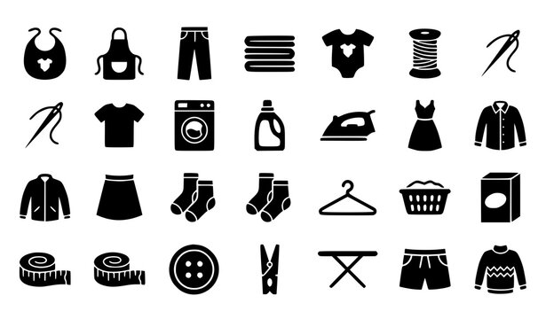 Clothing and Laundry Icons Set with Baby Bib, Dress, Shirt, Washing Machine and Iron