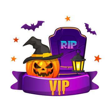 Halloween VIP Badge with Pumpkin, Witch Hat and Tombstone on transparent background