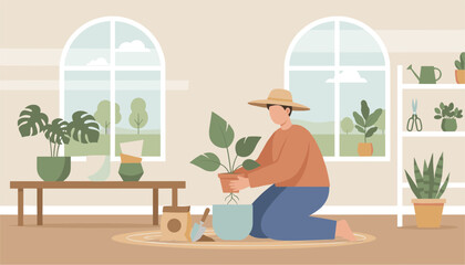 Fototapeta premium Gardener kneeling on a rug repots a green houseplant with care in a bright room filled with beautiful potted plants.