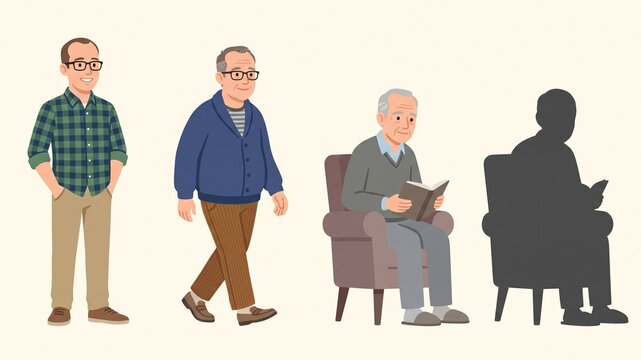 a flat vector sequence illustrating the aging process of a man ending in a silhouette