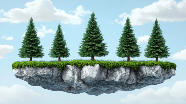 Floating island with five evergreen trees lush green grass rocky surface blue sky and fluffy clouds creating surreal peaceful and imaginative landscape scene