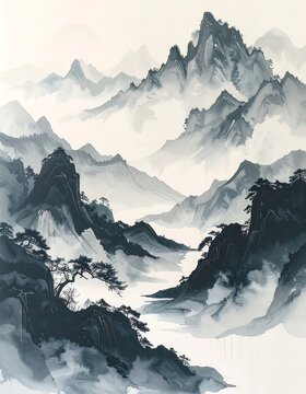 Dramatic mountain landscape with snow capped peaks.