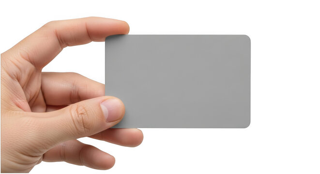 Hand holding a blank grey card isolated on transparent background