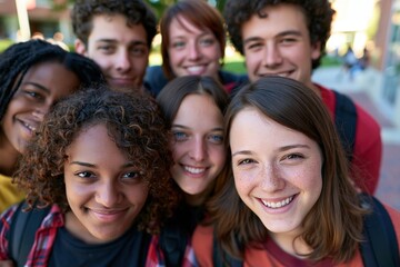 Fototapeta premium Diverse group of six young adults smiling together outdoors on campus