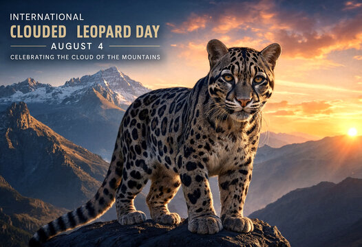 Majestic clouded leopard standing on mountain peak at sunset with stunning landscape background