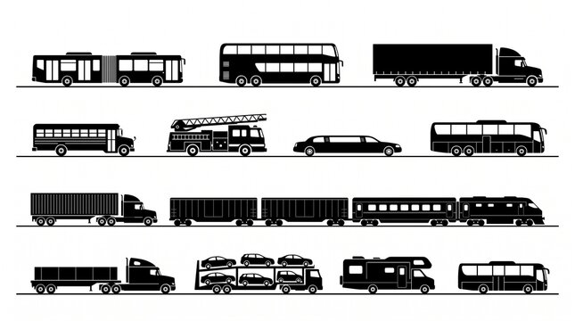 a collection of black silhouette vector icons featuring various long vehicles on a white background