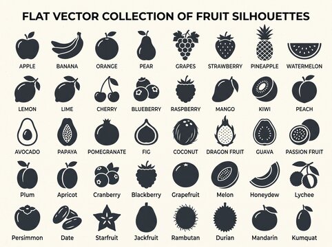 a large collection of forty flat black vector fruit silhouettes with text labels on white