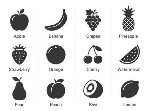 a collection of twelve black silhouette fruit vector icons with text labels on white background