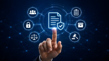 Obraz premium Corporate Governance Concept Hand Pointing at Digital Legal Compliance and Secure Auditing Workflow