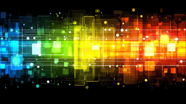 Abstract digital background with floating panels, text overlays, line connectors, and vibrant gradient colors from blue to red, creating futuristic and energetic technology concept