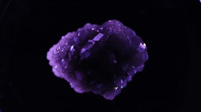 A cluster of purple amethyst crystals glowing against a dark background