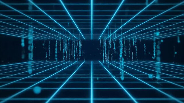 Abstract digital background with glowing blue neon grid lines and falling data particles in a futuristic cyberspace environment