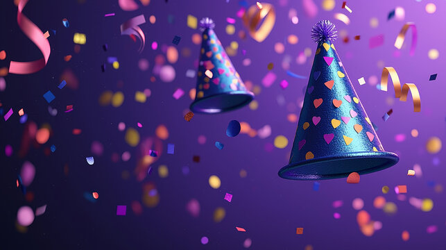 Floating party hats confetti ribbon celebration festive colorful purple background joyful vibrant cheerful atmosphere