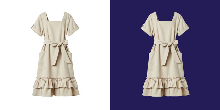Elegant beige linen dress with square neckline and waist tie ribbon transparent png