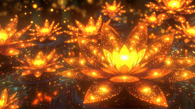 Glowing lotus flower floating petals golden light sparkling water fantasy surreal magical dreamy night vibrant color create mesmerizing peaceful atmosphere