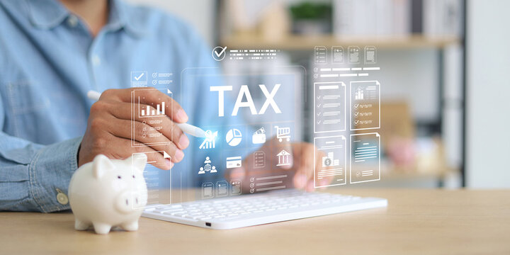 Professional tax planning and financial management concept showing a business person reviewing tax documents, digital financial data, accounting reports,