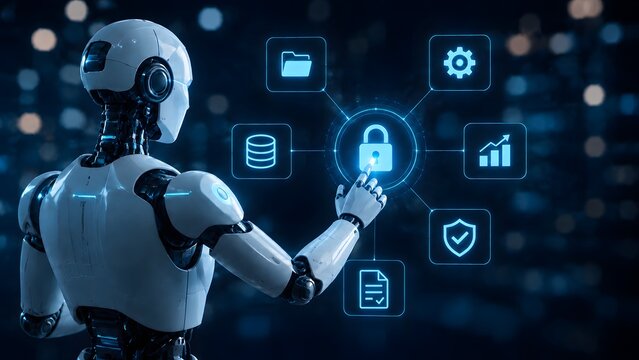 Humanoid robot activating automated cybersecurity lock in digital infrastructure network interface