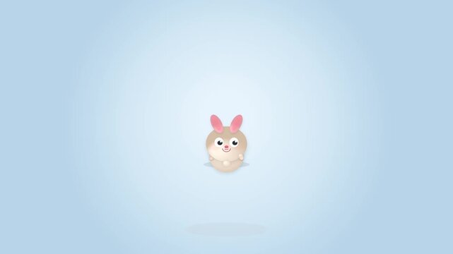 Cute little brown rabbit character bouncing softly in a smooth blue background within this playful digital motion animation video footage