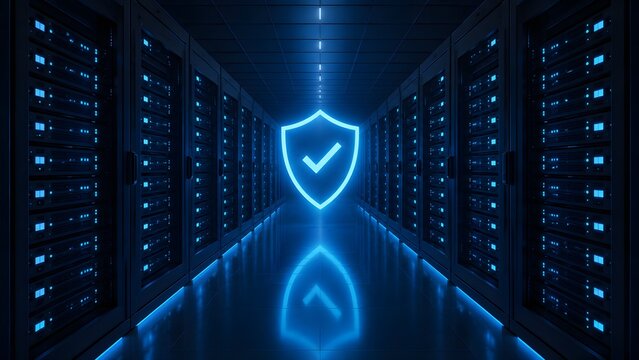 Secure server room in data center with glowing digital cybersecurity shield hologram