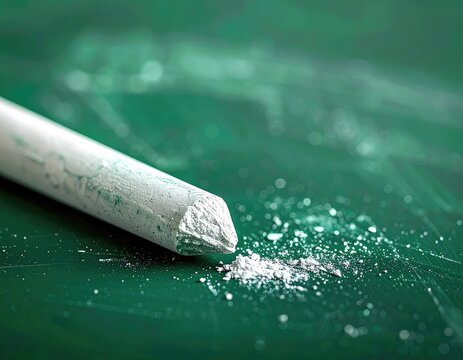 A close-up of a piece of white chalk on a green chalkboard.