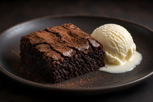 Warm chocolate brownie served with vanilla ice cream scoop