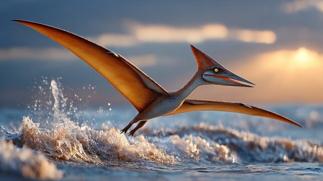 Pterodactyl Flying Over Ocean Waves: A prehistoric Pterodactyl with a wide wingspan soars majestically over crashing ocean waves, with the golden sun setting in the background.