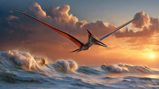 Pterodactyl Soaring Over Ocean Waves at Sunset: A majestic pterodactyl glides gracefully over turbulent ocean waves as the sun sets on the horizon, painting the sky with warm hues.