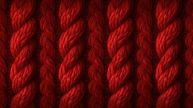 Full frame repeating pattern of thick braided cable knit red yarn showing deep vibrant color and 3d woven texture for textile background