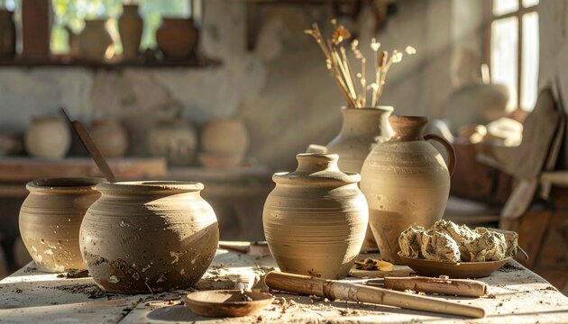 Rustic pottery collection in a sunlit artisan workshop.