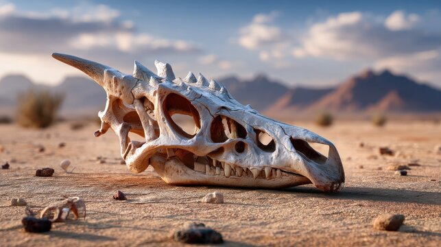 Dinosaur Skull in the Desert: An ancient dinosaur skull lies weathered and sun-baked on the arid desert floor, a silent testament to a bygone era. Its hollow eye sockets stare blankly into the vast.