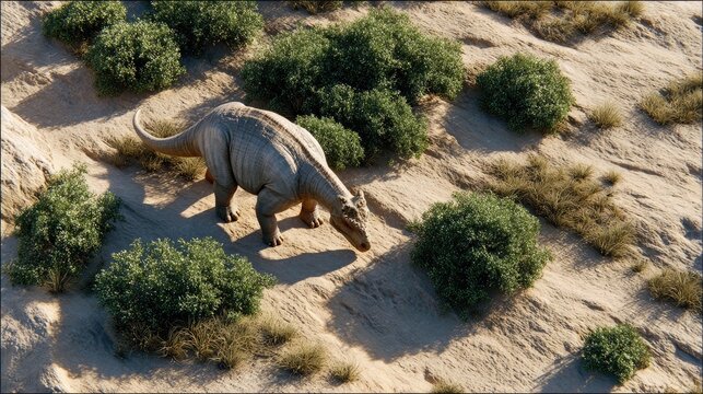 Prehistoric Landscape with Dinosaur: A majestic dinosaur wanders through a dry, rugged landscape dotted with sparse vegetation and sandy terrain.