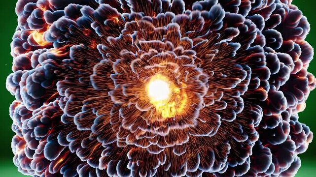 Explosive fireball expanding outward with vibrant colors and dynamic motion, showcasing the powerful energy release in a visually striking display against a green background