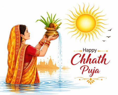 Indian woman offering water to the sun during chhath puja festival