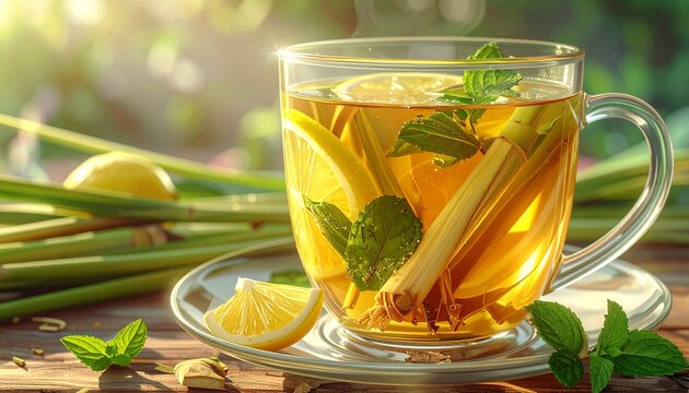 Freshly brewed lemon ginger tea with herbs and citrus.