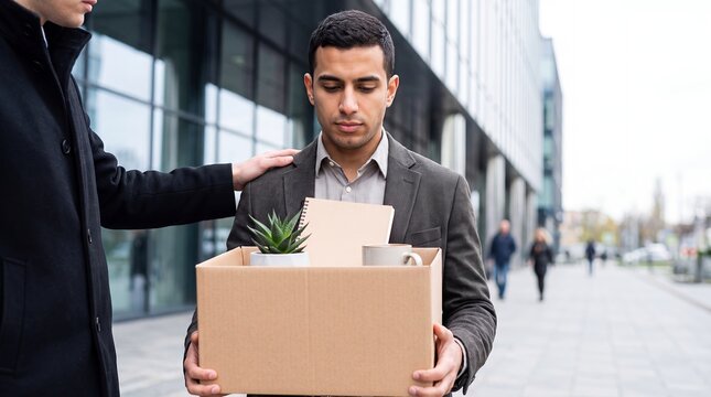 job loss man leaving office box unemployment career setback support as a dismissed employee carries belongings outside while a colleague places a reassuring hand on his shoulder after a layoff