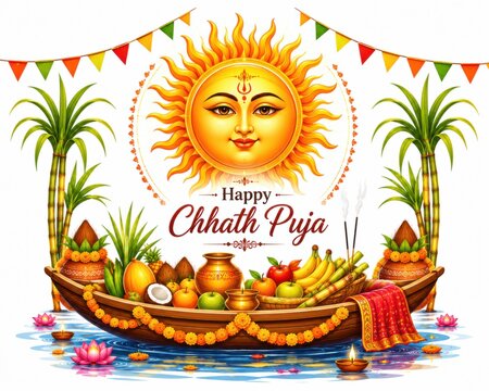 Chhath puja celebration with sun god and traditional food offerings