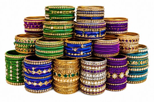 Stack of colorful shiny metal bangles bracelets isolated on white