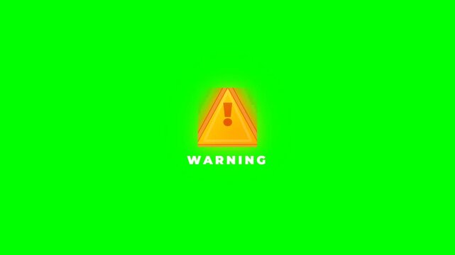 Warning triangle icon glowing with caution and alert message animation footage isolated on a vivid bright green digital screen background