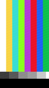 Color bars test pattern graphic used for television broadcast calibration and visual reference, with grayscale and chromatic hues