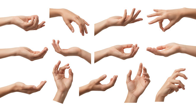 Collection of diverse human hand gestures for communication and action, isolated on white