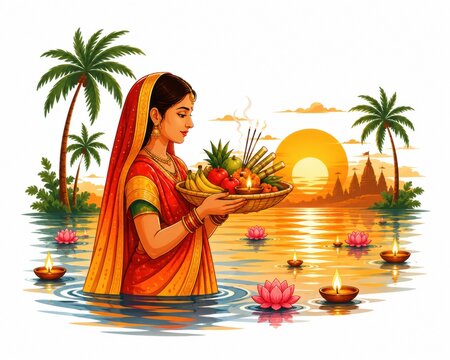 Indian woman offering prayers during chhath puja festival at sunset