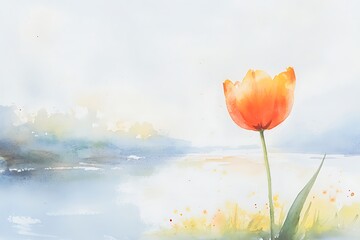 Fototapeta premium A solitary tulip blooms gracefully beside a tranquil body of water under a soft sky