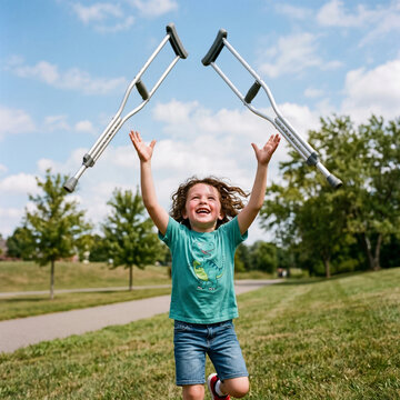 World Polio Day. Happy child who has defeated polio throws away crutches on the street in a sunny park