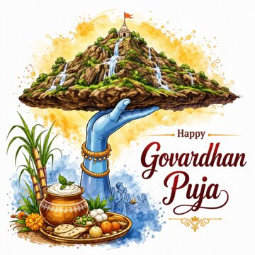 Lord krishna lifting govardhan hill illustration for govardhan puja