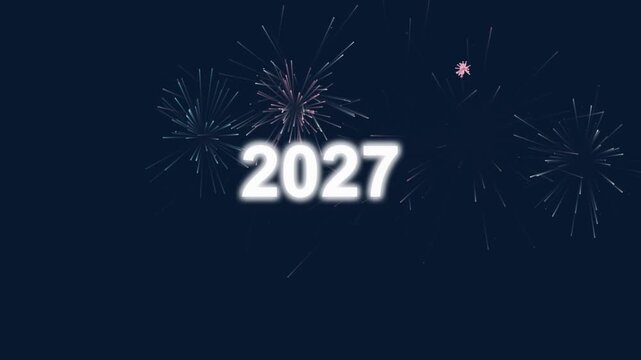 Glowing 2027 text animation with festive fireworks on dark background