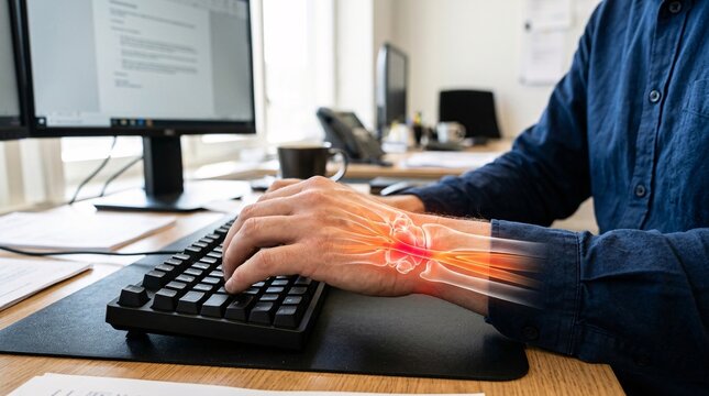 Glowing transparent anatomical diagram illustrating carpal tunnel syndrome, radius, ulna, and wrist joints of a person typing on a computer keyboard.
