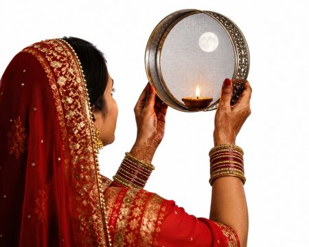Indian woman in traditional dress holding a sieve with lit oil lamp