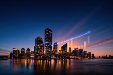 Fototapeta premium City skyline with glowing blue financial charts and rising trend lines for investment and business marketing, featuring a dark blue hour sky and copy space