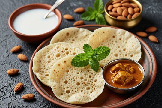Pathiri flatbread served with chicken curry and coconut milk. Almonds and mint garnish this traditional South Indian meal. Perfect for breakfast or festive occasions like Ramadan and Eid.