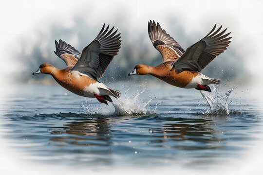 Wigeon taking off from the water surface